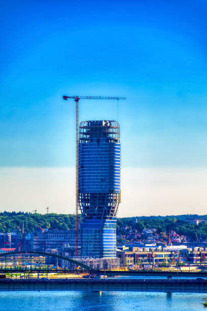 Belgrade tower under construction in Belgrade, Serbia. Belgrade, Serbia, September 11 2021: Belgrade tower under construction in Belgrade, Serbia. panoramic riverbank architecture construction site stock pictures, royalty-free photos & images