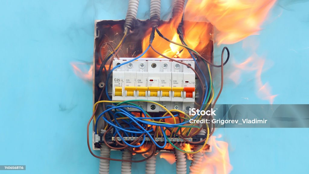 Accident involving electrics, fire caused by electrical faults  include  old unsafe fuse board. Electrical faults caused short circuit and electrical fire inside old unsafe fuse board. Fire - Natural Phenomenon Stock Photo
