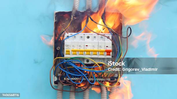 Accident Involving Electrics Fire Caused By Electrical Faults Include Old Unsafe Fuse Board Stock Photo - Download Image Now