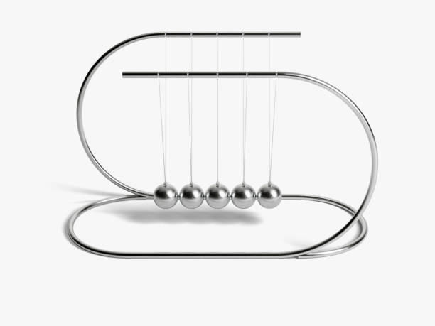 Stylized Newtons Cradle A stylized newtons cradle with balls suspended from a semi circular arch framework - 3D render desk toy stock pictures, royalty-free photos & images