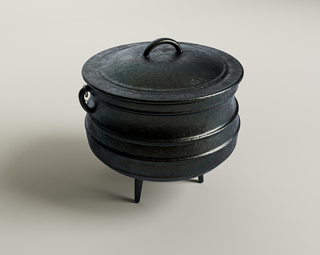 A regular cast iron potjie and lid on an isolated white studio background - 3D render