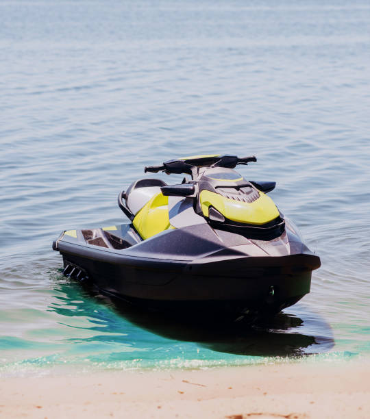 istock Yellow white water scooter is in the blue sea 1406568970