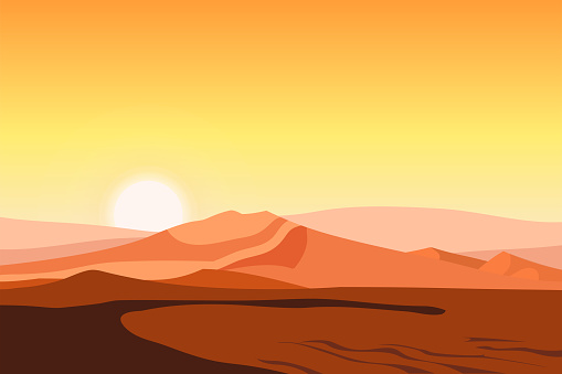 Vector illustration of an idyllic desert landscape with Saguaro cactus at sunset. In the background are hills and mountains, and a bright, vibrant red sky. Illustration with space for text.