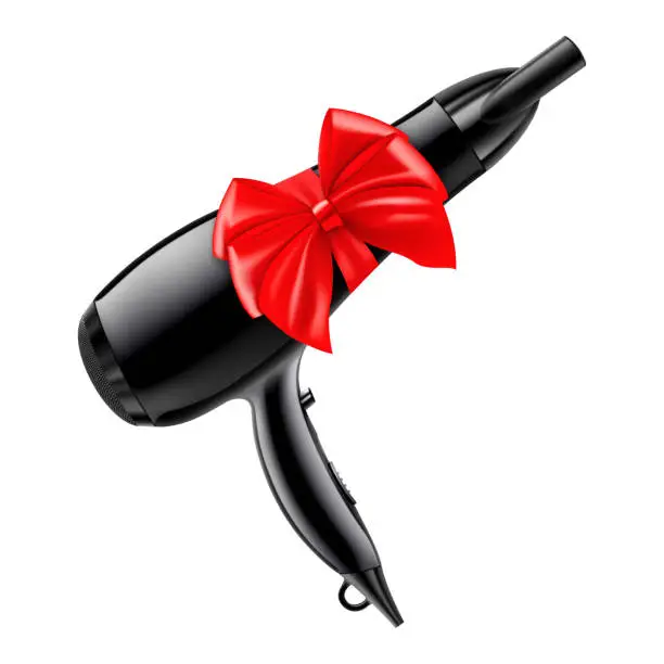 Vector illustration of Hair dryer with red ribbon and bow. 3D rendering. Gift concept. Realistic vector illustration isolated on white background