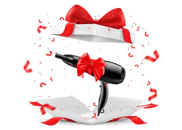 Vector illustration of Hair dryer with red ribbon and bow inside open gift box. 3D rendering. Gift concept. Realistic vector illustration isolated on white background