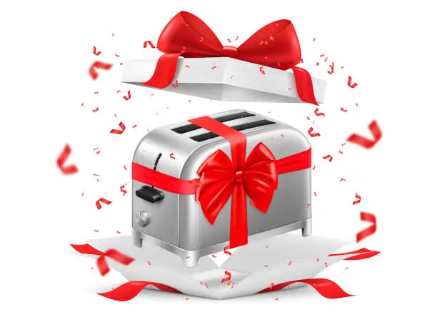 Vector illustration of Toaster with red ribbon and bow inside open gift box. Gift concept. Kitchen appliances. Isolated 3d vector illustration. 3D rendering.