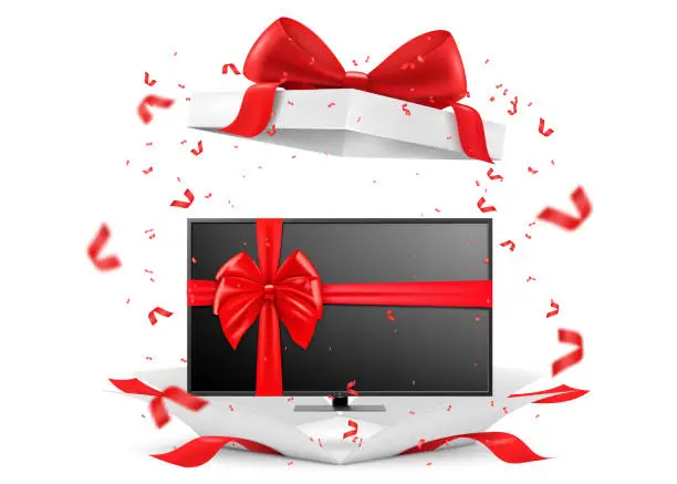 Vector illustration of Plasma tv with red ribbon and bow inside open gift box. 3D rendering. Gift concept. Realistic vector illustration isolated on white background