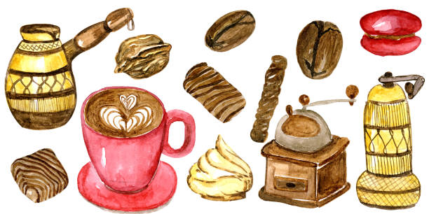 istock illustration set watercolor coffee and its preparation and sweets. 1406572960
