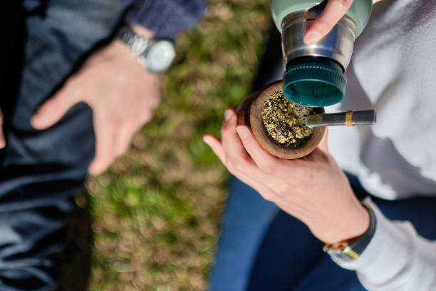 Women’s Hands Taking a Pumpkin with Mate: Traditional South American Drink