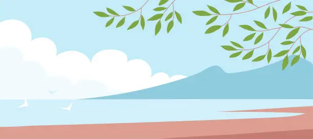 Vector illustration of Illustration of a summer seascape with a coast and mountains