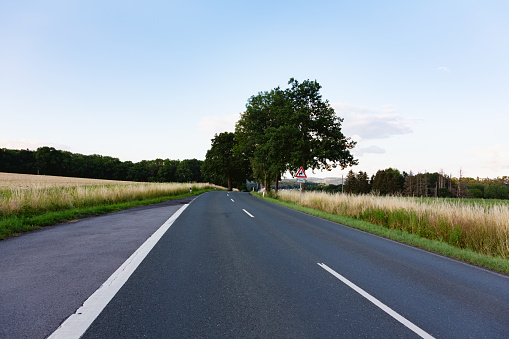 Country road surrounded by meadows and trees at a sunny summer day, photo was taken in the Sauerland region in North Rhine Westfalia, Germany