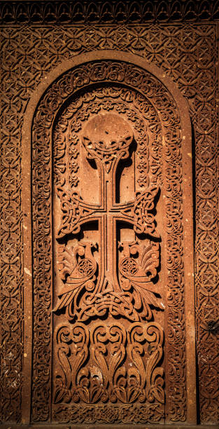 Armenian carved stone cross. Beautiful carved khachkar stock photo
