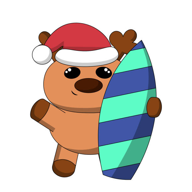 ilustrações, clipart, desenhos animados e ícones de renas de verão com prancha de surfe. desenhe ilustração em cores - beach sunlight surfboard santa claus