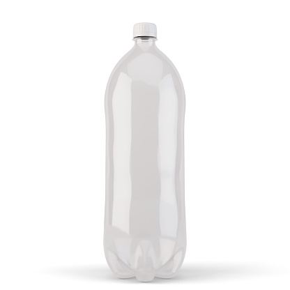 An irregular shaped plastic two liter orange soda bottle on an isolated white studio background - 3D render