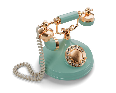 A vintage aquamarine and brass art deco telephone on a light studio background - 3D render