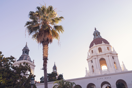 Creative image of the Pasadena City Hall in Los Angeles County shown during a light afternoon in summer.