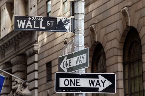 New York City, NY - February 16, 2009: Wall Street and one way signs in Lower Manhattan, New York City.