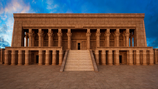 Large ancient Egyptian style temple or tomb built of sandstone with grand staircase to the entrance. 3D illustration.