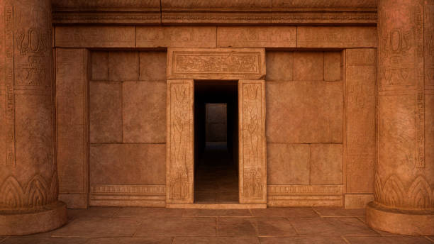 istock Entrance to an ancient Egyptian tomb or temple with stone columns either side. 3D rendering. 1406584289