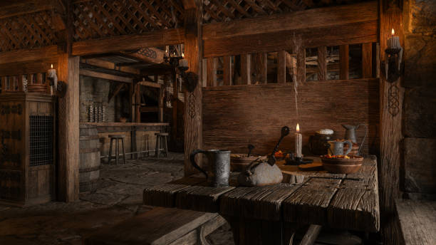 istock Old medieval or Viking tavern bar with bread and ale on a table. 3D rendering. 1406584326