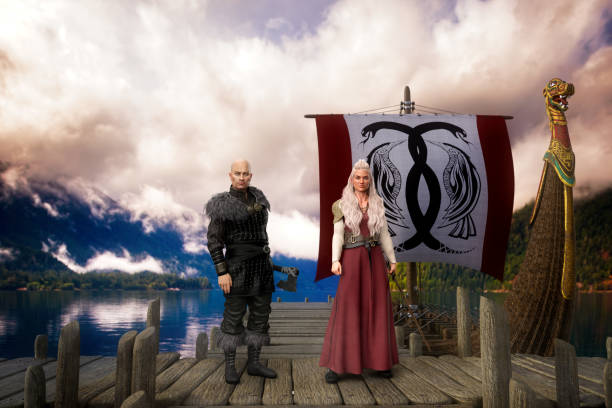 homme et femme vikings debout sur une jetée près d’un long bateau. rendu 3d. - braided braids women long hair photos et images de collection