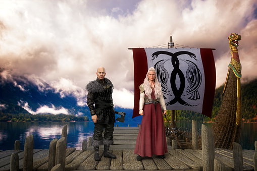 Viking man and woman standing on a pier by a long boat. 3D illustration.