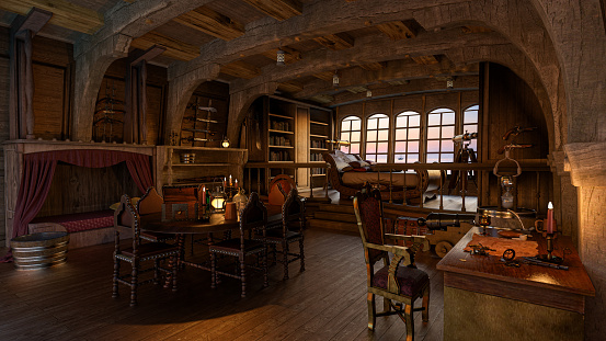 Old wooden pirate ship captain's cabin interior. 3D illustration.