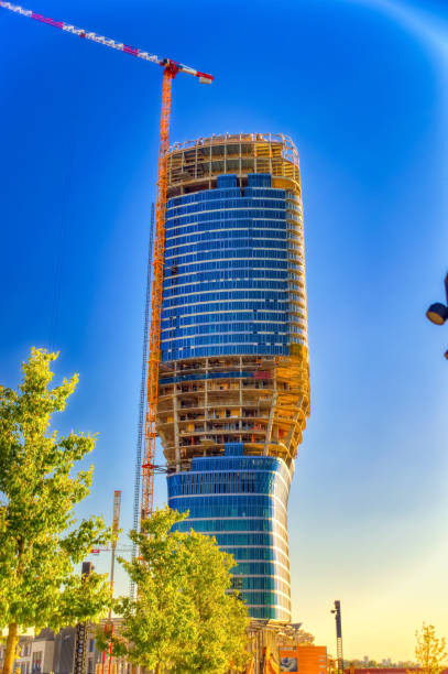 Belgrade tower under construction in Belgrade, Serbia. Belgrade, Serbia, September 11 2021: Belgrade tower under construction in Belgrade, Serbia. panoramic riverbank architecture construction site stock pictures, royalty-free photos & images