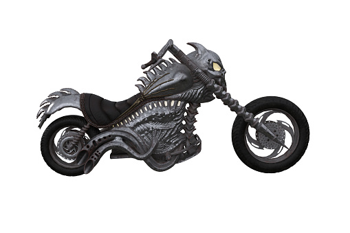 Fantasy demon concept motorcycle viewed from the side. 3D illustration isolated on white background with clipping path.