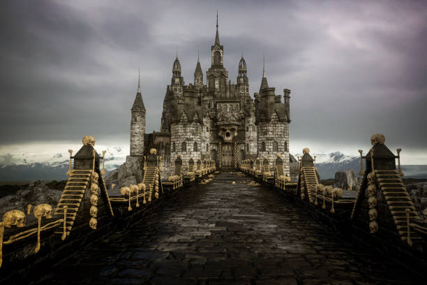 istock Road lined with human bones leading to dark fantasy castle with giant skull statue. 3D render. 1406584459