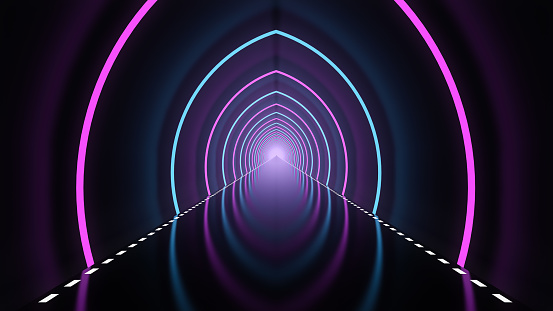Futuristic cyber tunnel of pink and blue neon light arches with reflective floor. 3D illustration.