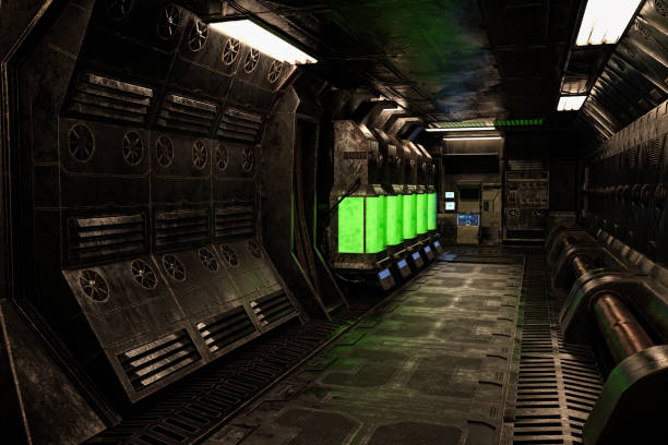 istock Dark moody old alien space ship or station interior corridor. 3D rendering. 1406584484