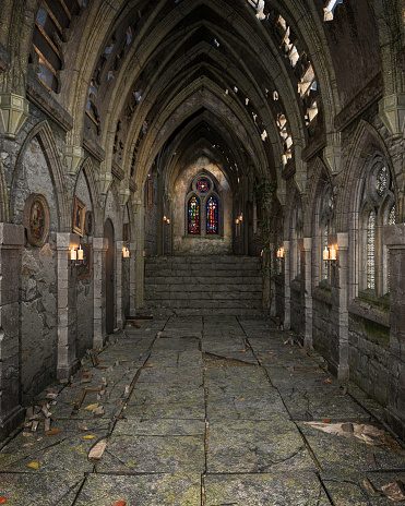 Old ruined corridor in medieval castle or church with picture frames on the walls. 3D illustration.