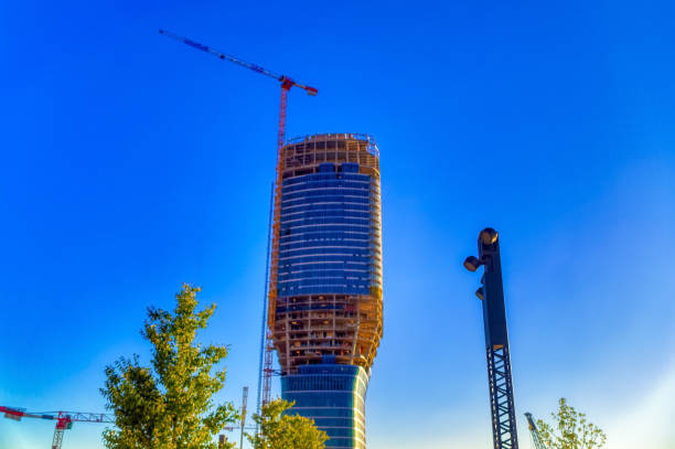 Belgrade tower under construction in Belgrade, Serbia. Belgrade, Serbia, September 11 2021: Belgrade tower under construction in Belgrade, Serbia. panoramic riverbank architecture construction site stock pictures, royalty-free photos & images