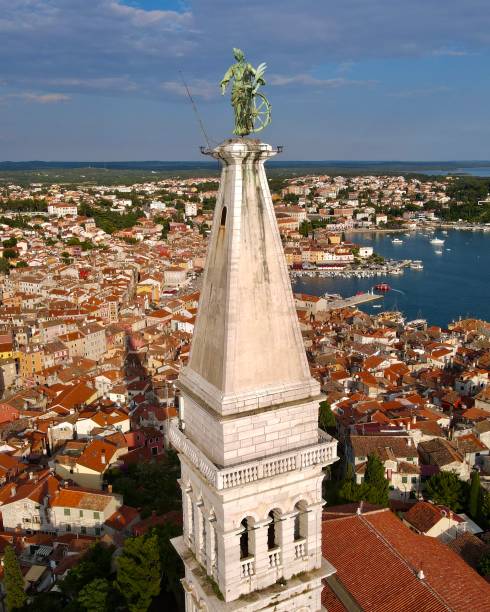 Drone shot of Tower of St. Euphemia, Rovinj, Croatia Drone shot of Tower of St. Euphemia, Rovinj, Croatia rovinj harbor stock pictures, royalty-free photos & images
