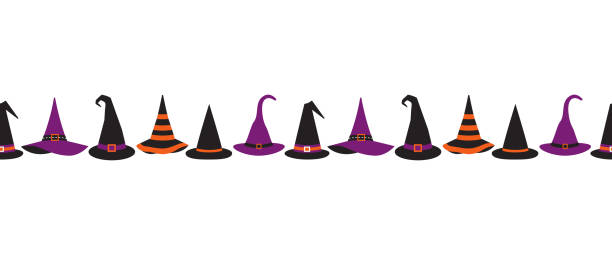 ilustraciones, imágenes clip art, dibujos animados e iconos de stock de los sombreros de bruja de halloween elegantes patrón de borde sin costuras - halloween witch frame wizard