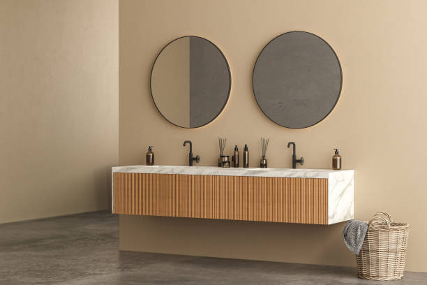 istock Minimalist bathroom interior with beige and brick wall 1406588196