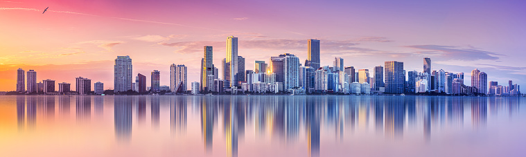 the skyline of miami during sunset