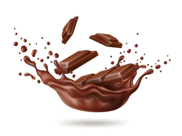 illustrazioni stock, clip art, cartoni animati e icone di tendenza di spruzzo di cioccolato realistico. liquido di cacao scuro con pezzi di barrette, movimento di prodotti da dessert, vortice di sciroppo di cacao e gocce, composizione dolce pubblicitaria, concetto isolato vettoriale assoluto - brown chocolate candy bar close up