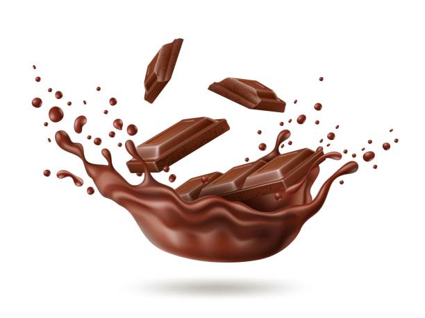realistyczny czekoladowy plusk. ciemny płyn kakaowy z kawałkami batonów, ruch produktów deserowych, wir i krople syropu kakaowego, reklama słodka kompozycja, kompletna koncepcja izolowana wektorowo - chocolate candy bar block cocoa stock illustrations
