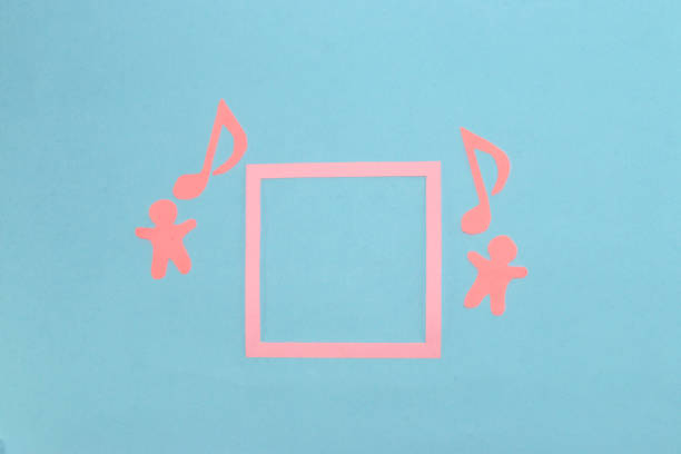 creative music background, paper people and notes flying around pink frame, copy space, product space, invitation, greeting card, creative art design