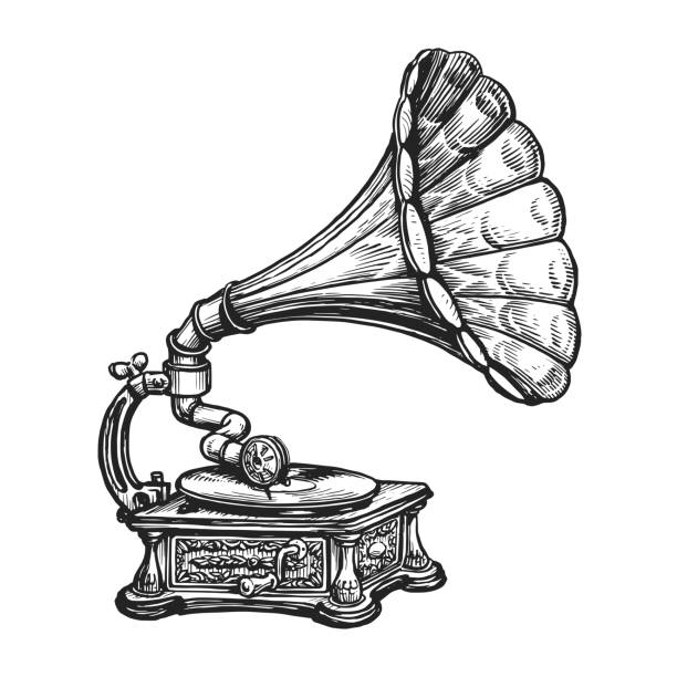 Old retro gramophone with vinyl record. Phonograph, vintage music player. Musical instrument drawn in engraving style Old retro gramophone with vinyl record. Phonograph, vintage music player. Musical instrument drawn in engraving style gramophone stock illustrations