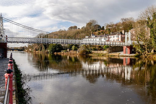 Cork City, Ireland - Feb 4th, 2021: View of Daly's Bridge (Shakey Bridge) and River Lee at Fitzgerald Park