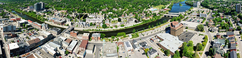 An aerial panorama of Cambridge, Ontario, Canada a fine day