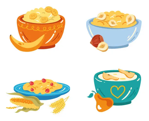 Vector illustration of Morning breakfast porridge with milk, banana and nuts. Vector flat graphic design cartoon illustration