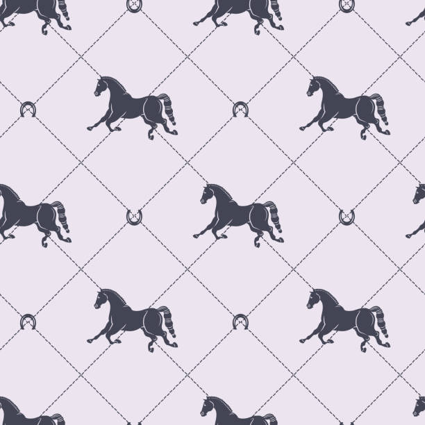 ilustraciones, imágenes clip art, dibujos animados e iconos de stock de patrón de caballos sin costuras. costura estilo tela acolchada. el patrón ecuestre de repetición vectorial se adapta bien a la tela de impresión. - horseshoe backgrounds seamless vector