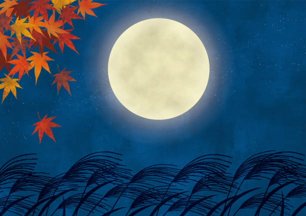 Japanese autumn moon scenery watercolor vector art illustration