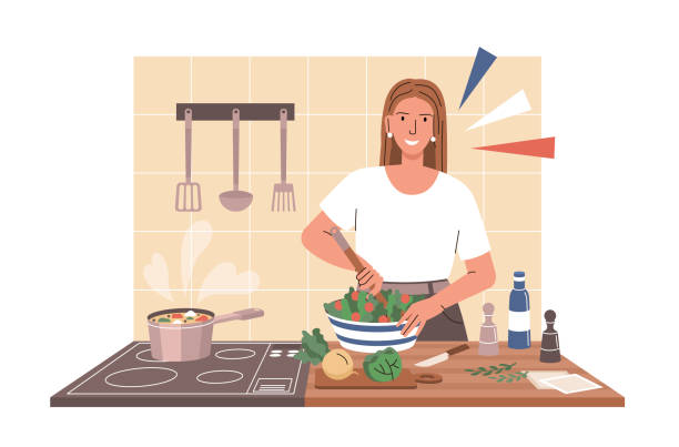 Woman cooking at home Woman cooking at home. Hostess takes care of household chores and routine. Girl preparing salad for dinner. Vegetables and healthy food, proper vegetarian diet. Cartoon flat vector illustration domestic kitchen stock illustrations