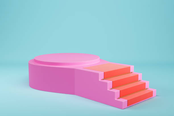 istock Pink stairs with red carpet on light blue background for product display 1406604259