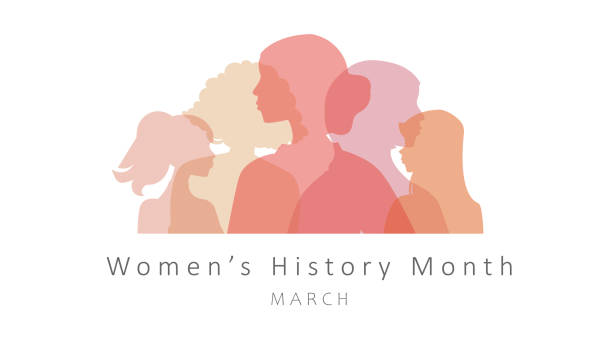 Womens History Month banner Womens History Month banner. Concern for rights of girls, femism and protest. International holidays, equality and unity, female solidarity. Crowd of silhouettes. Cartoon flat vector illustration month stock illustrations